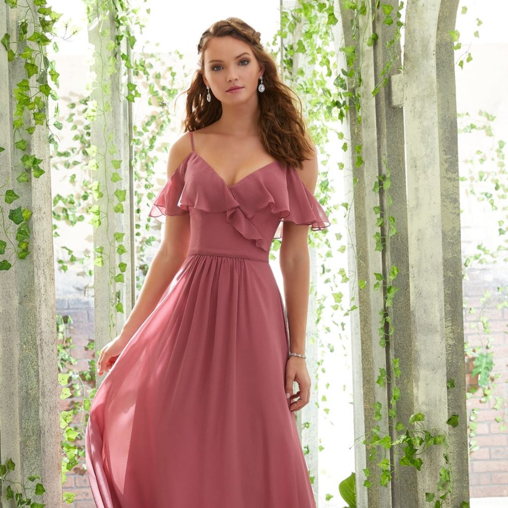 Morilee Madeline Gardner Chiffon Dress with a Ruffled V-Neckline